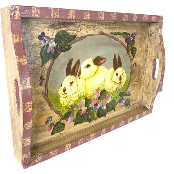 Vintage Bunny Rabbit Easter Tray | Hand Painted Wood Serving Vanity Tray - Picture 2 of 12